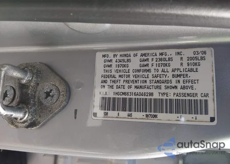 2006 Honda Civic from USA, damaged, VIN 1HGCM66316A046298